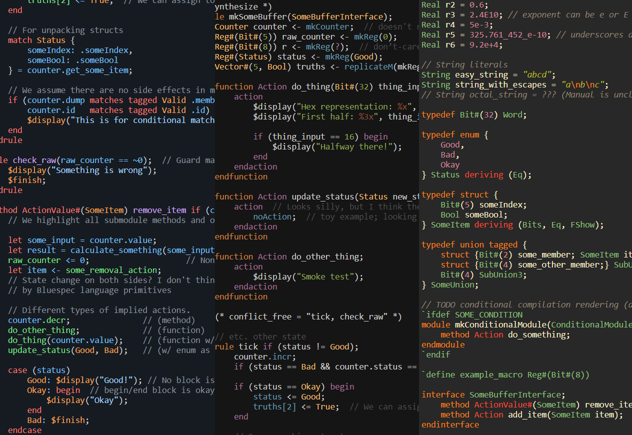 Three side-by-side excerpts of Bluespec code with syntax highlighting.