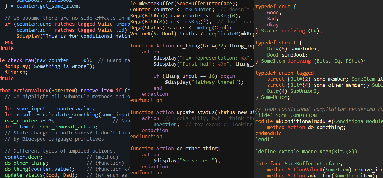 Three side-by-side excerpts of Bluespec code with syntax highlighting.