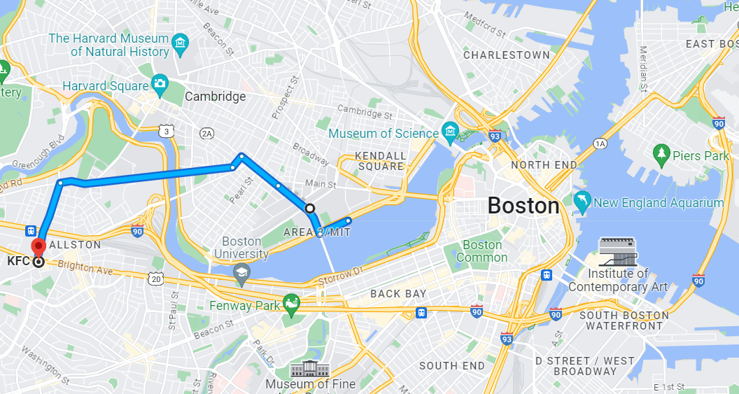 Google map screenshot showing the route from MIT's campus to the KFC in Allston.