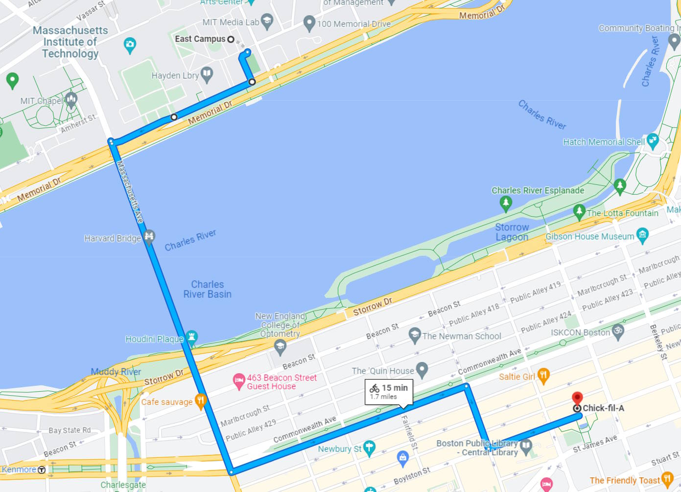 Google map screenshot showing the route from MIT's campus to the Chick-fil-A on Bolyston