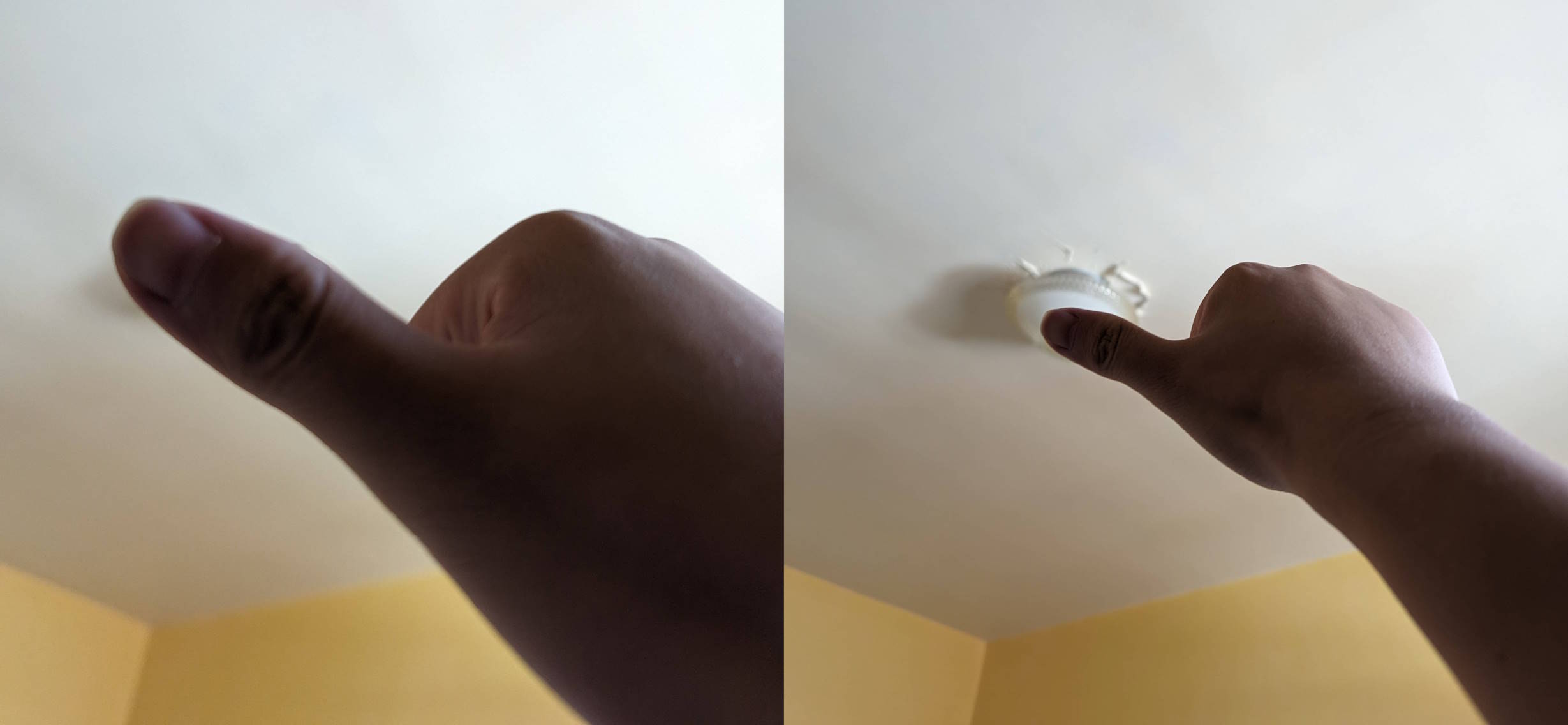 Two side-by-side images of a thumb blocking a lamp. The first image has the thumb covering it up because the thumb is nearby. The second image has the thumb incompletely covering it up because the thumb is farther away.